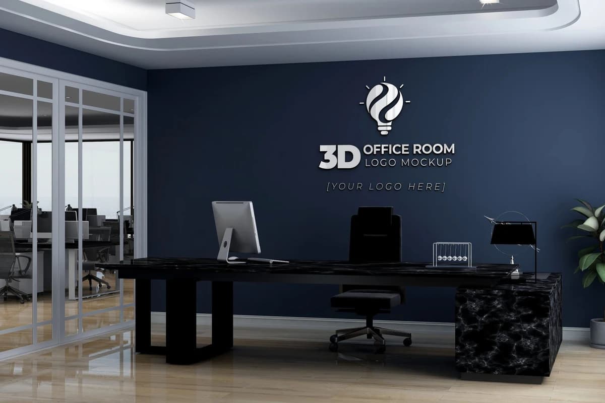 Professional 3D Minimalist Office Logo Mockup on Room Wall - PSD Mockup